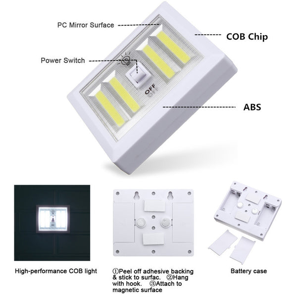 AlltroLite Paquete de 4 bombillas LED COB inalámbricas portátiles, funciona  con pilas, interruptor de luz LED inalámbrico COB, debajo del gabinete